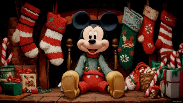 Mickey Mouse Christmas Cartoon Wallpaper, A Fun Cartoon Style Depiction Of Mickey Mouse In A Cozy Holiday Setting With Stockings And Candy Canes