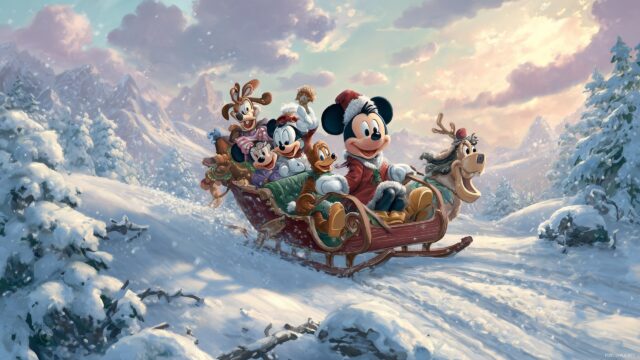 Mickey Mouse Christmas Wallpaper 4K, A Scene Of Mickey Mouse And His Friends On A Sleigh Ride Through A Snowy Landscape