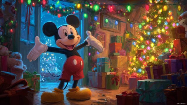Mickey Mouse Christmas Wallpaper, A Vibrant Scene Of Mickey Mouse Spreading Holiday Cheer With Colorful Lights And Presents