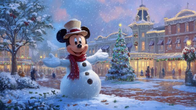 Mickey Mouse Christmas Wallpaper Desktop HD, A Whimsical Portrayal Of Mickey Mouse Building A Snowman In A Festive Park