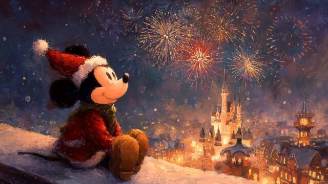 Mickey Mouse Christmas Wallpaper HD, A Magical Illustration Of Mickey Mouse Watching Fireworks On Christmas Eve
