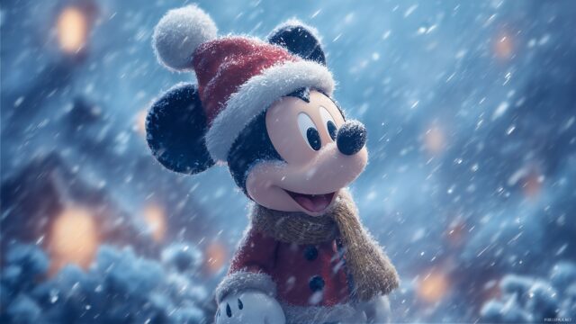 Mickey Mouse Christmas Wallpaper HD, A Cute Depiction Of Mickey Mouse Wearing A Santa Hat Amidst A Winter Wonderland
