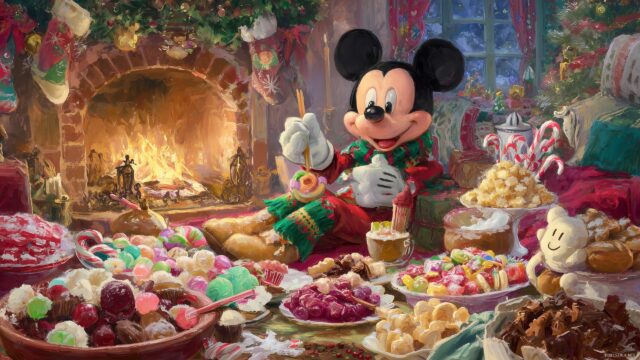 Mickey Mouse Christmas Wallpaper Festive, A Lively Portrayal Of Mickey Mouse Surrounded By Christmas Sweets And A Warm Fireplace