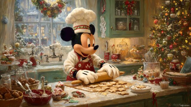 Mickey Mouse Christmas Wallpaper For PC, An Inviting Image Of Mickey Mouse Baking Christmas Cookies In A Decorated Kitchen