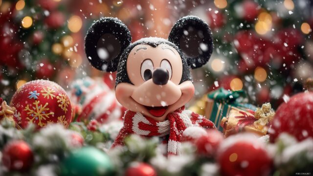 Mickey Mouse Christmas Wallpaper For Desktop, A Festive Scene Featuring Mickey Mouse Surrounded By Colorful Christmas Decorations And Snowflakes
