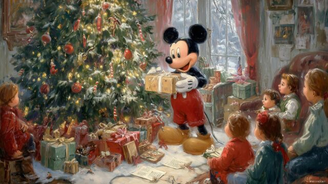 Mickey Mouse Christmas Wallpaper Free Download, An Enchanting Scene With Mickey Mouse Giving Gifts To Children Under A Christmas Tree