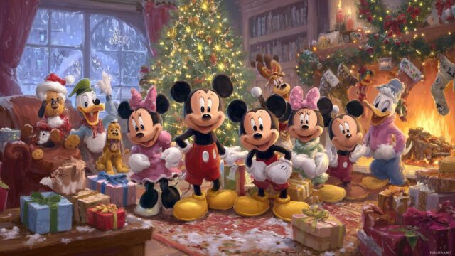 Mickey Mouse Christmas Wallpaper Free Download, A Joyful Gathering Of Mickey Mouse And Friends Celebrating Christmas With Gifts And Laughter