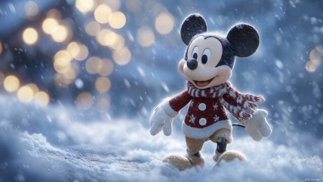 Mickey Mouse Christmas Wallpaper With Snowflakes, A Charming Scene Showing Mickey Mouse Playing In The Snow With Frosty Snowflakes Falling Around
