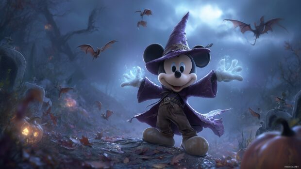 Mickey Mouse HD Wallpapers for Halloween, a spooky landscape with Mickey Mouse dressed as a wizard, casting spells with flying bats around.
