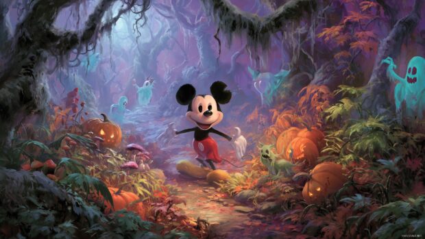 Mickey Mouse Halloween Adventure, a whimsical backdrop showing Mickey exploring a spooky forest filled with friendly creatures.