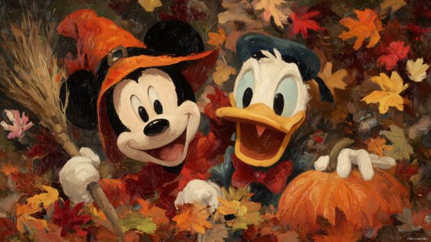 Mickey Mouse Halloween Art, a cartoonish depiction of Mickey and Donald Duck dressed in Halloween costumes, laughing among fall leaves.