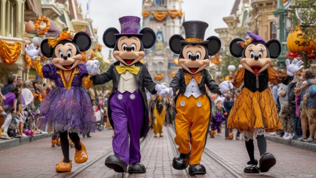 Mickey Mouse Halloween Extravaganza, a lively setting showcasing Mickey and friends participating in a Halloween parade.
