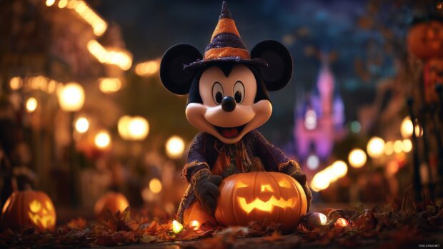 Mickey Mouse Halloween HD Backgrounds, a cheerful Mickey Mouse carving a pumpkin with Halloween lights twinkling around.