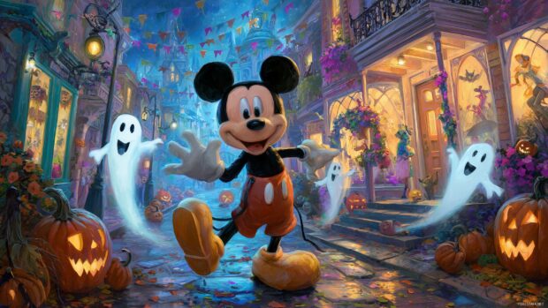 Mickey Mouse Spooky Celebration, a delightful scene where Mickey dances amid Halloween decorations and playful ghosts.