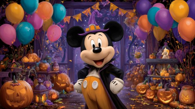 Mickey Mouse Wallpapers for Halloween Celebration, a fun filled image where Mickey is having a Halloween party with colorful decorations and balloons.