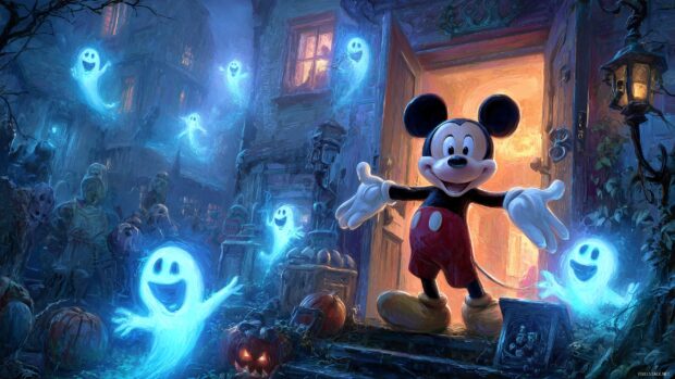 Mickey Spooky Wallpapers for PC, an eerie yet fun atmosphere with Mickey Mouse in a haunted house filled with friendly ghosts.