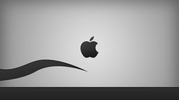 A minimalist black Imac logo is centered on a gray background with abstract curved shapes, 2K Desktop Wallpaper