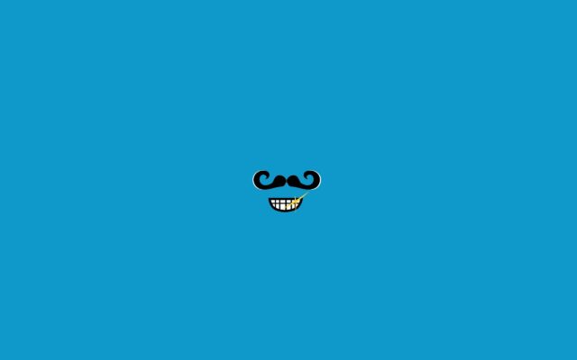 Minimalist Mustache Wallpaper with Smiling Teeth on Blue Background