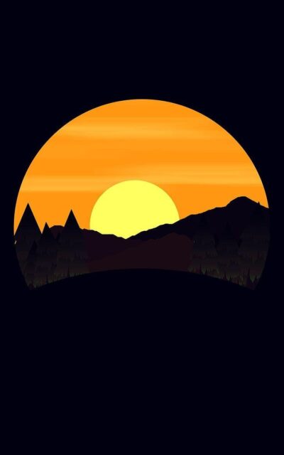 Minimalist Nature Artwork Wallpaper Featuring Sunset Over Mountains and Forest