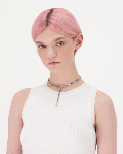 Minimalist Silver Chain Choker on Model with Pink Hair White Top Choker Wallpapers