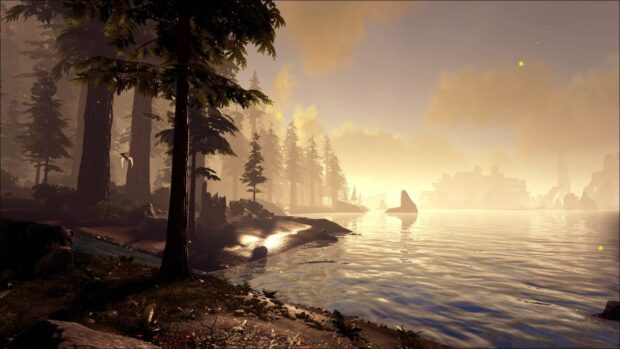 A misty forest landscape with tall trees and calm water reflecting the sky in Ark Survival Evolved, HD Desktop Wallpaper