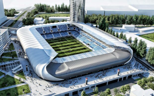 The modern stadium in Bratislava features a sleek design surrounded by greenery and urban buildings, HD Desktop Wallpaper