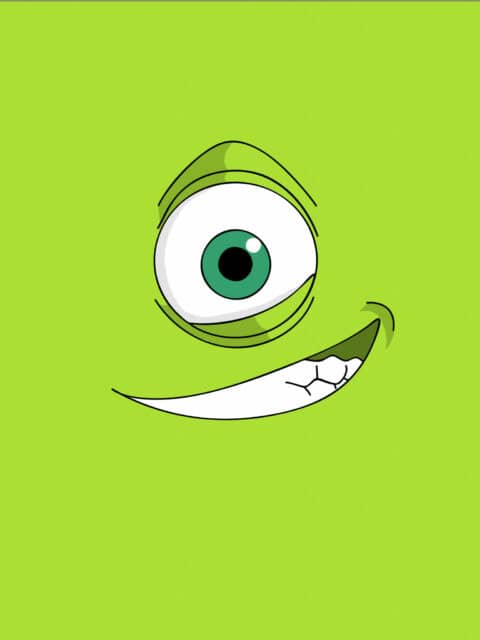 Monsters Inc Wallpaper Featuring Close Up of Mike Wazowski Smiling Face on Green Background
