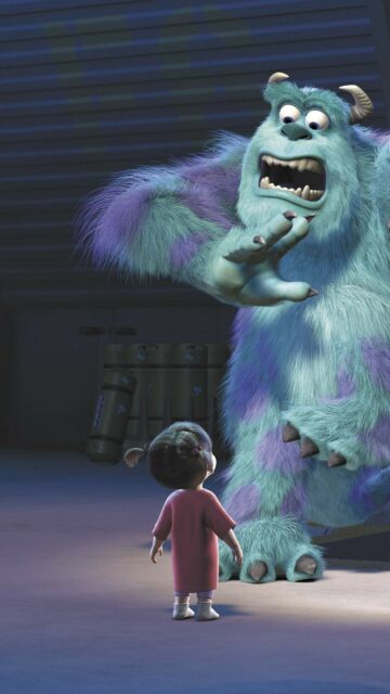 Monsters Inc Wallpaper Featuring Sulley and Boo in Dark Warehouse Scene