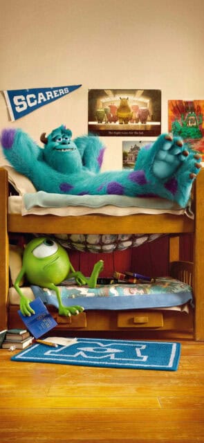 Monsters Inc Wallpaper Featuring Sulley and Mike Relaxing in Dorm Room