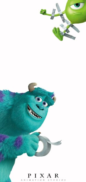 Monsters Inc Wallpaper Featuring Sulley and Mike with Duct Tape Playful Scene Pixar Animation