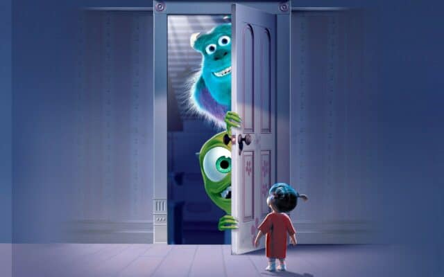 Monsters Inc Wallpaper Sulley and Mike Peeking Through Door to Girl in Red Dress