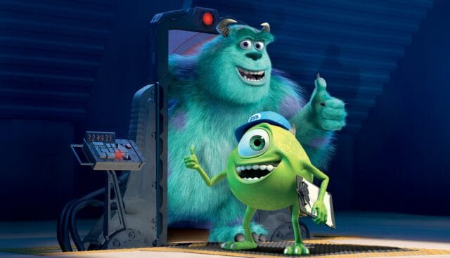 Monsters Inc Wallpapers featuring Mike and Sulley giving thumbs up inside the factory portal