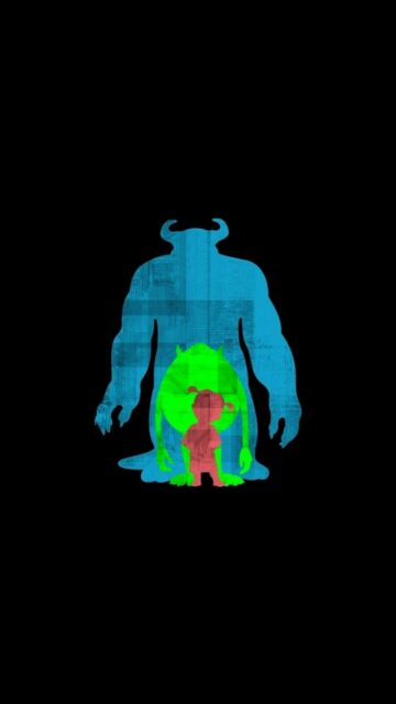Monsters Inc minimalist silhouette wallpaper featuring Sulley Mike and Boo in vibrant colors