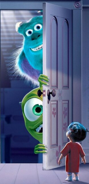 Monsters Inc wallpaper Sulley and Mike peek through door at Boo in bedroom scene