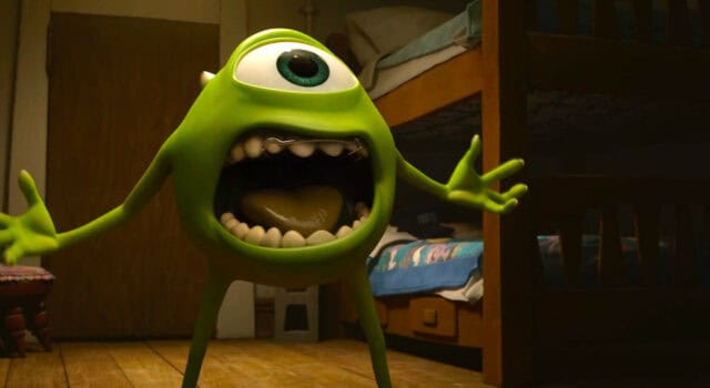 Monsters Inc wallpaper featuring Mike Wazowski screaming in bedroom scene