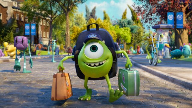 Monsters Inc wallpaper featuring Mike Wazowski with luggage at campus entrance