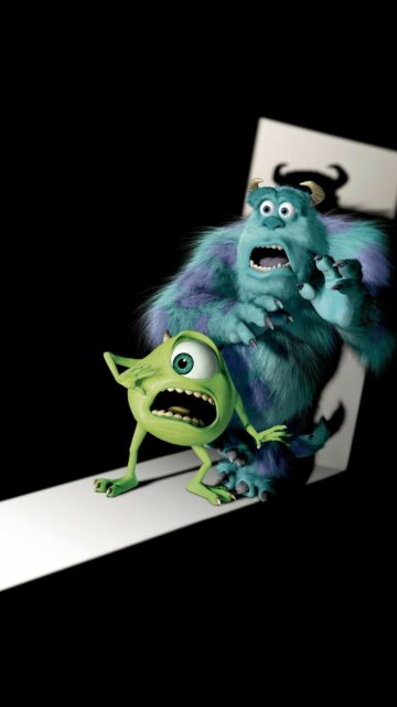 Monsters Inc wallpaper featuring Mike and Sulley scared in dark hallway
