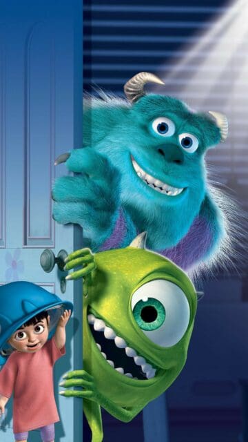 Monsters Inc wallpaper featuring Sulley Mike and Boo peeking through the door