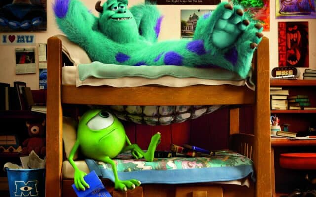 Monsters Inc wallpaper featuring Sulley relaxing on the top bunk and Mike reading below