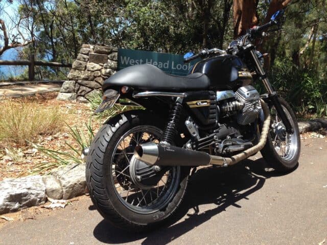 Moto Guzzi V7 Classic Motorcycle Parked at West Head Lookout Nature Background