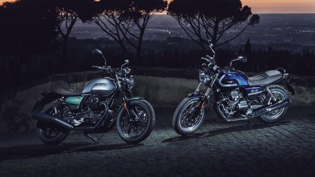 Moto Guzzi V7 Classic and Stone Models Parked at Sunset Wallpaper