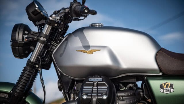 Moto Guzzi V7 Stone Classic Motorcycle Closeup Silver Fuel Tank Wallpaper