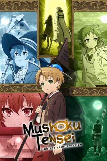 The image features key characters from Mushoku Tensei jobless reincarnation standing and framed in various scenes, 2K Mobile Wallpaper