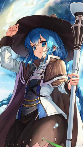 A blue haired mage stands confidently holding a staff under a cloudy sky in Mushoku Tensei Jobless Reincarnation