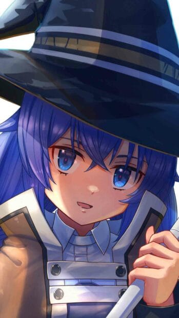 A close up of a Mushoku Tensei character with blue hair and blue eyes wearing a large black hat, HD Mobile Wallpaper