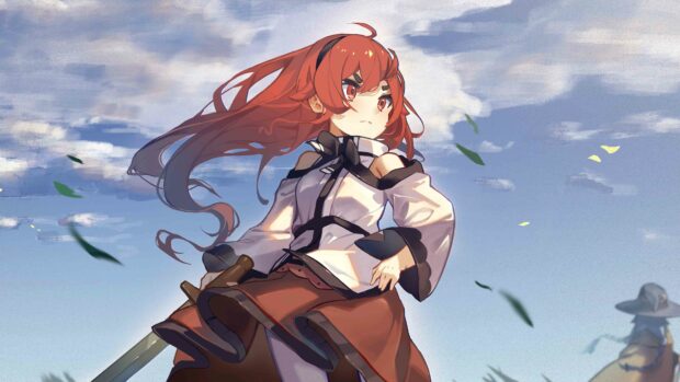 A determined female character from Mushoku Tensei stands with a sword under a cloudy sky, 4K Desktop Wallpaper