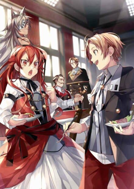 A group of Mushoku Tensei characters are gathered in a dining room sharing food and conversation, HD Mobile Wallpaper