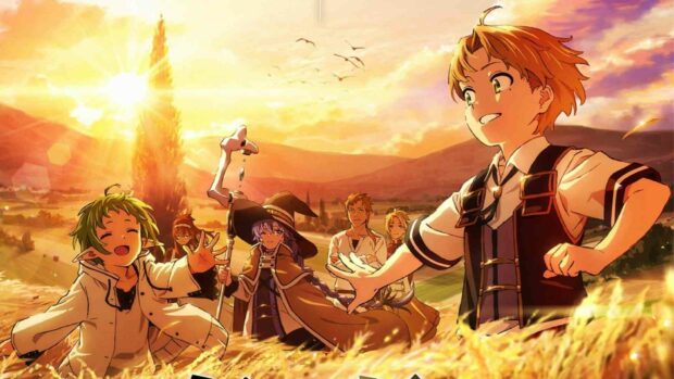 The Mushoku Tensei characters are shown smiling and enjoying a golden countryside sunset together