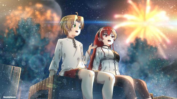 A boy and girl from Mushoku Tensei watch fireworks together on a bench during the night, 4K PC Wallpaper