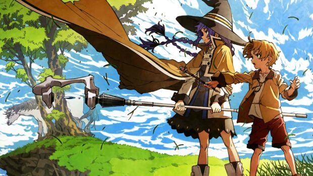 Two Mushoku Tensei characters stand on a grassy hill with a horse and a magical creature, 4K Desktop Wallpaper